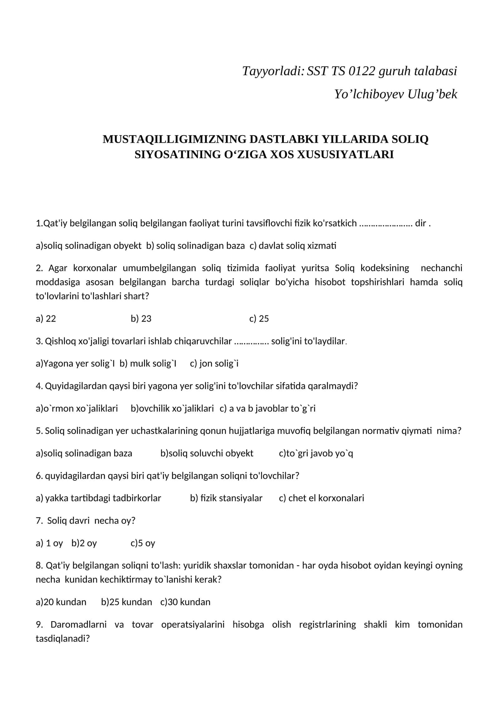 MUSTAQILLIGIMIZNING DASTLABKI YILLARIDA SOLIQ SIYOSATINING O‘ZIGA XOS XUSUSIYATLARI 1