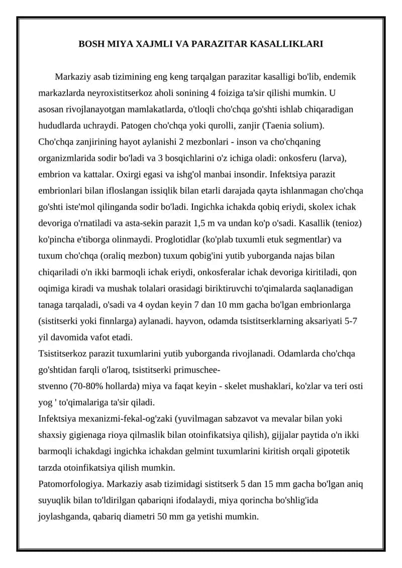 BOSH MIYA XAJMLI VA PARAZITAR KASALLIKLARI 1