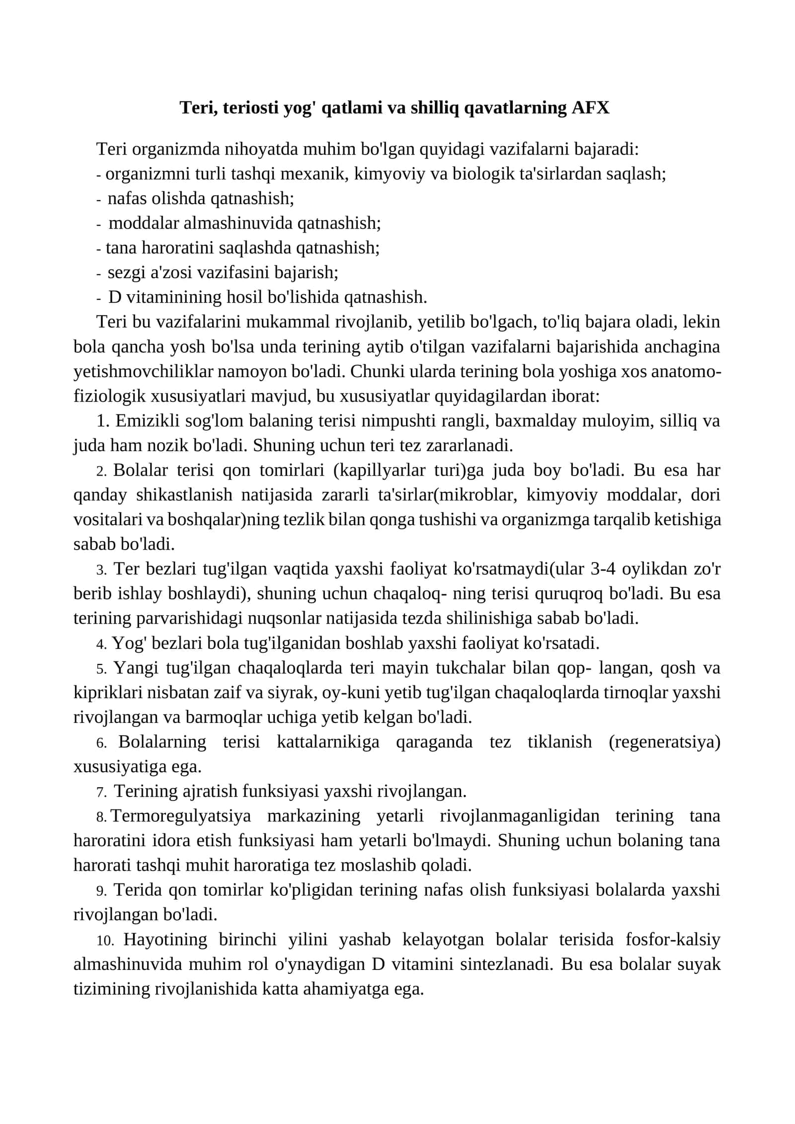Teri, teriosti yog' qatlami va shilliq qavatlarning AFX 1