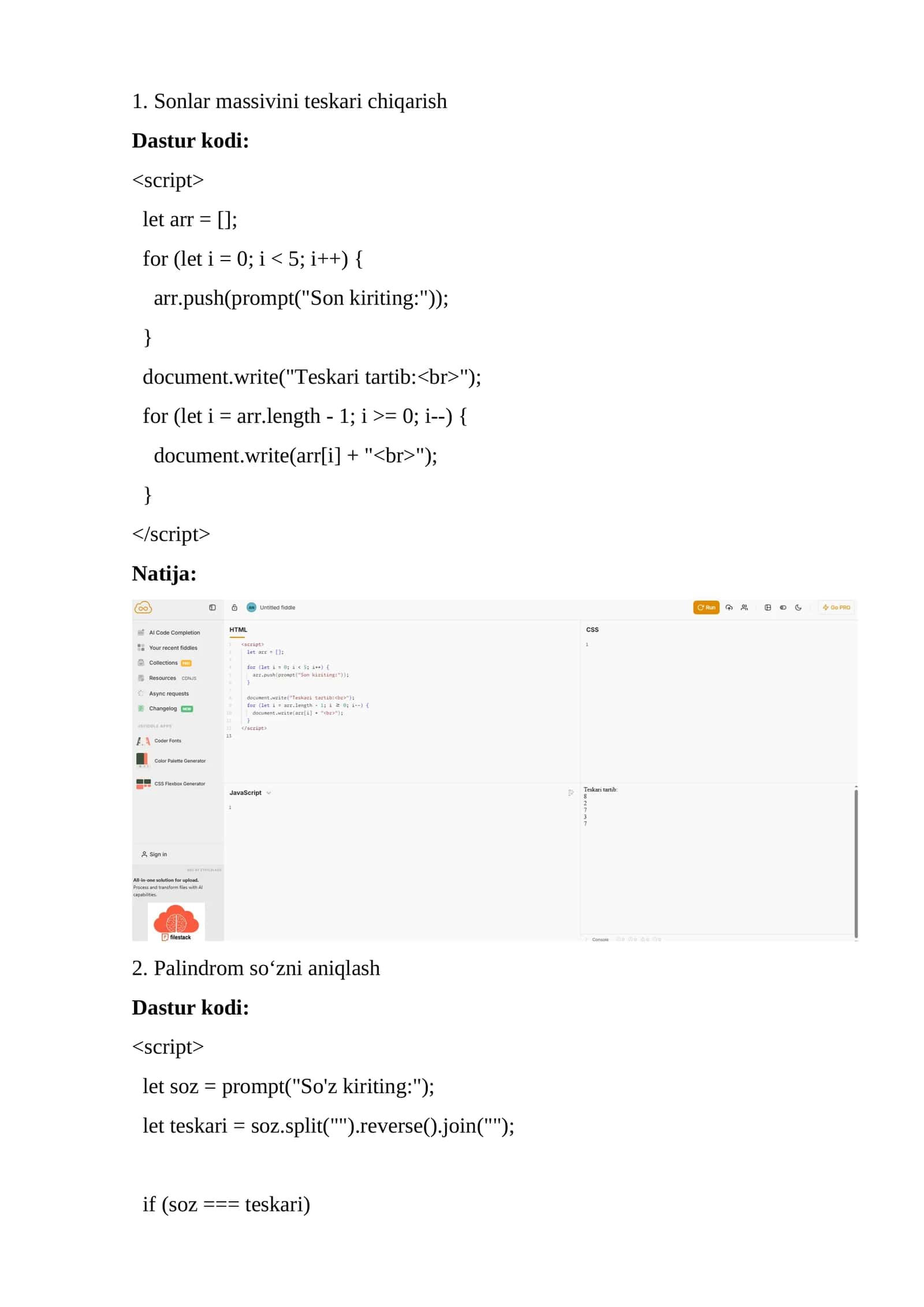 Javascript da mantiqiy masalalar 1