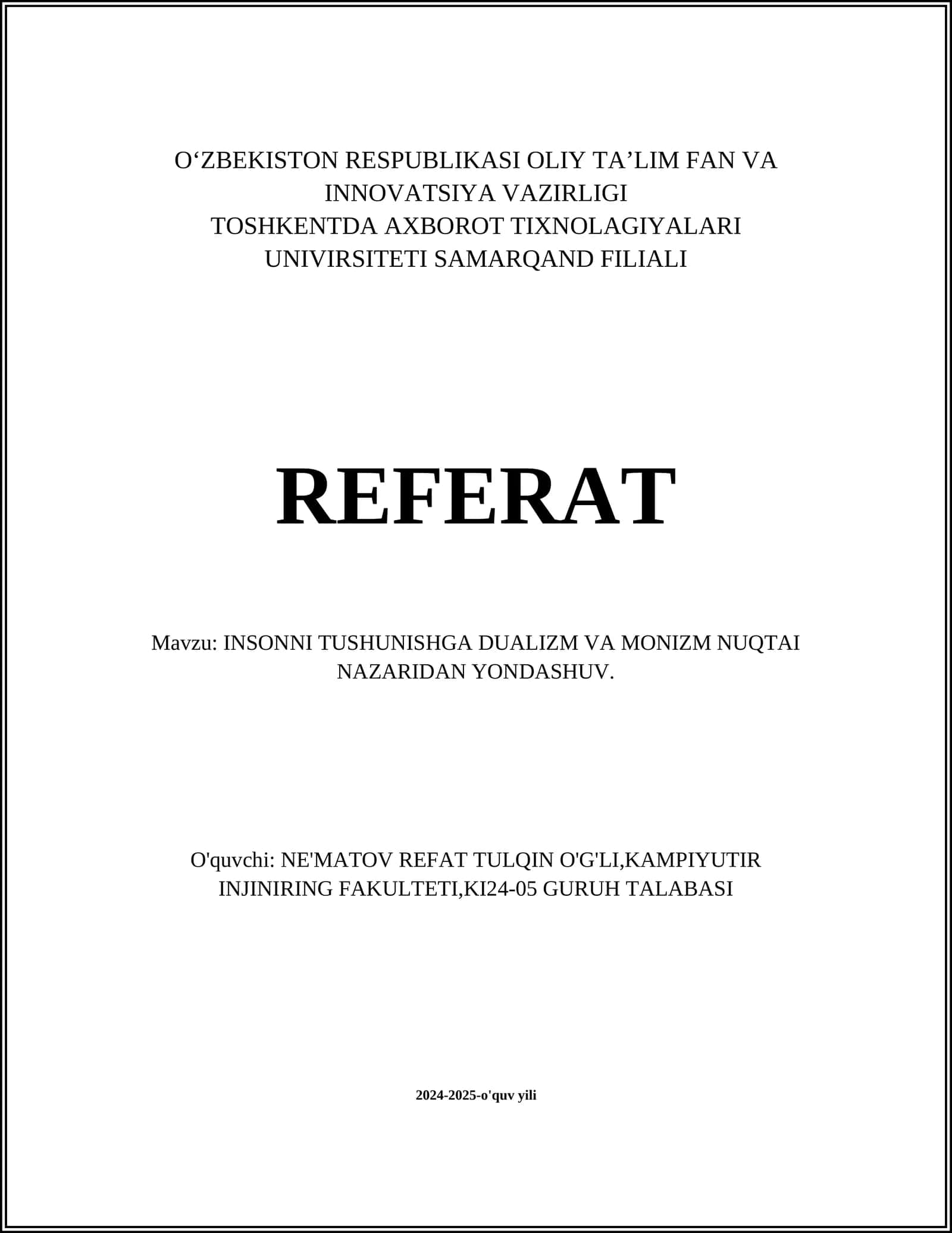 INSONNI TUSHUNISHGA DUALIZM VA MONIZM NUQTAI NAZARIDAN YONDASHUV 1