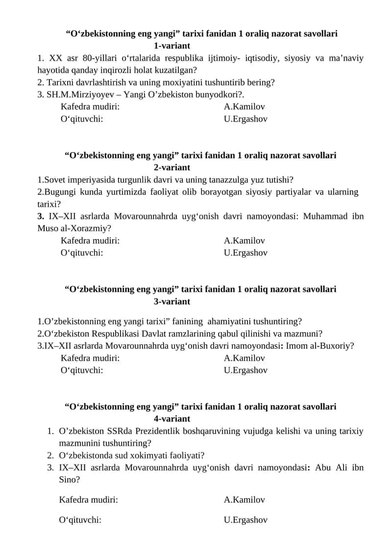 "O‘zbekistonning eng yangi" tarixi fanidan 1 oraliq nazorat savollari 1