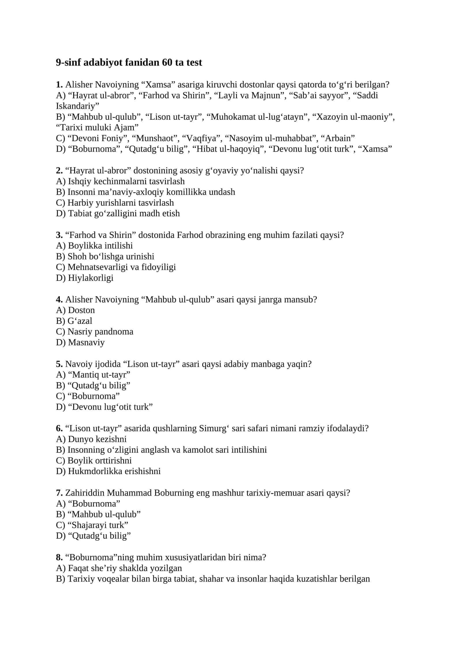 9-sinf Adabiyot fanidan 60 ta murakkab test 1