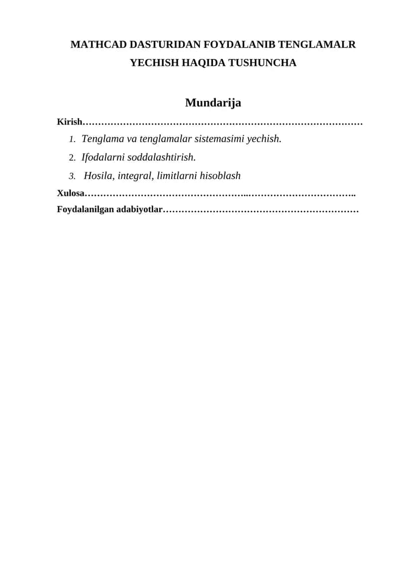 MATHCAD DASTURIDAN FOYDALANIB TENGLAMALR YECHISH HAQIDA TUSHUNCHA 1