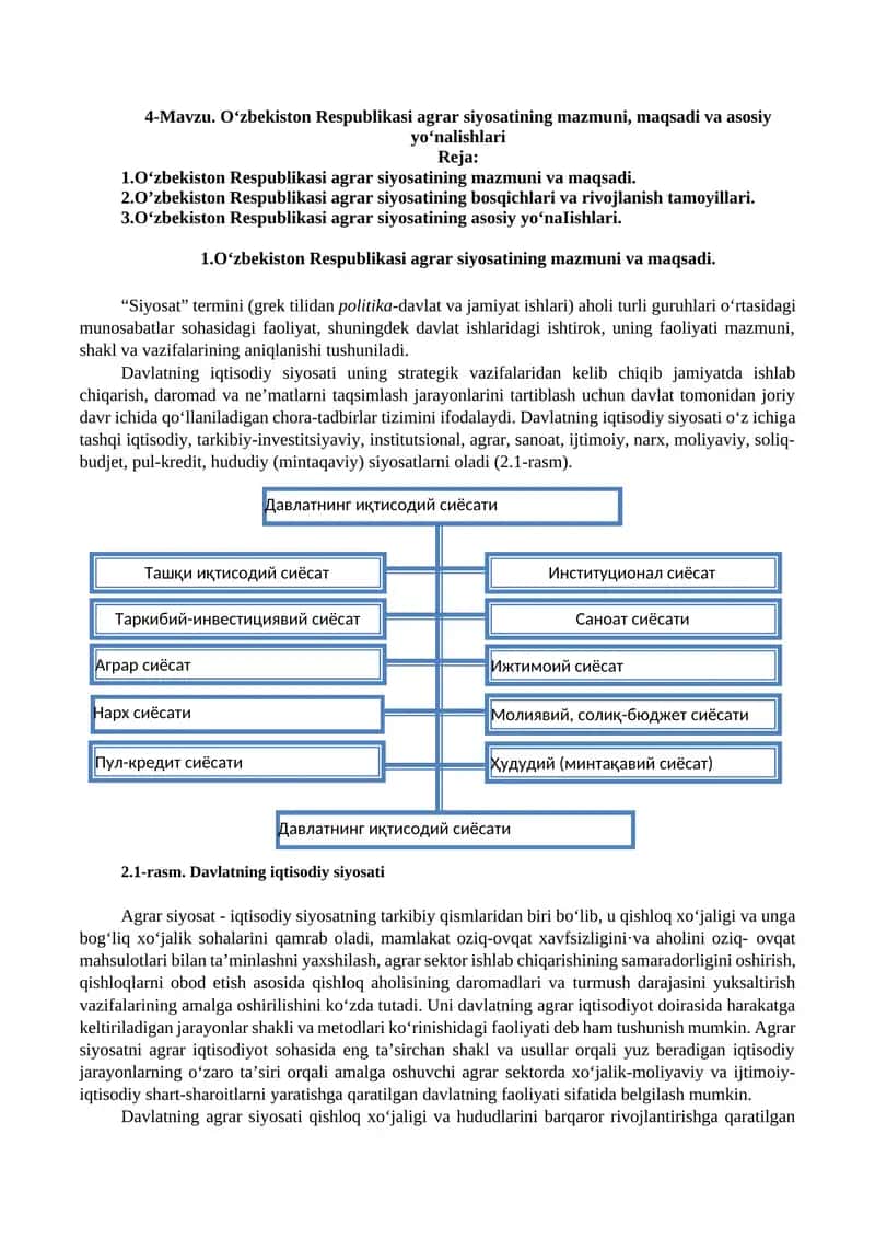 O‘zbekiston Respublikasi agrar siyosatining mazmuni, maqsadi va asosiy yo‘nalishlari 1