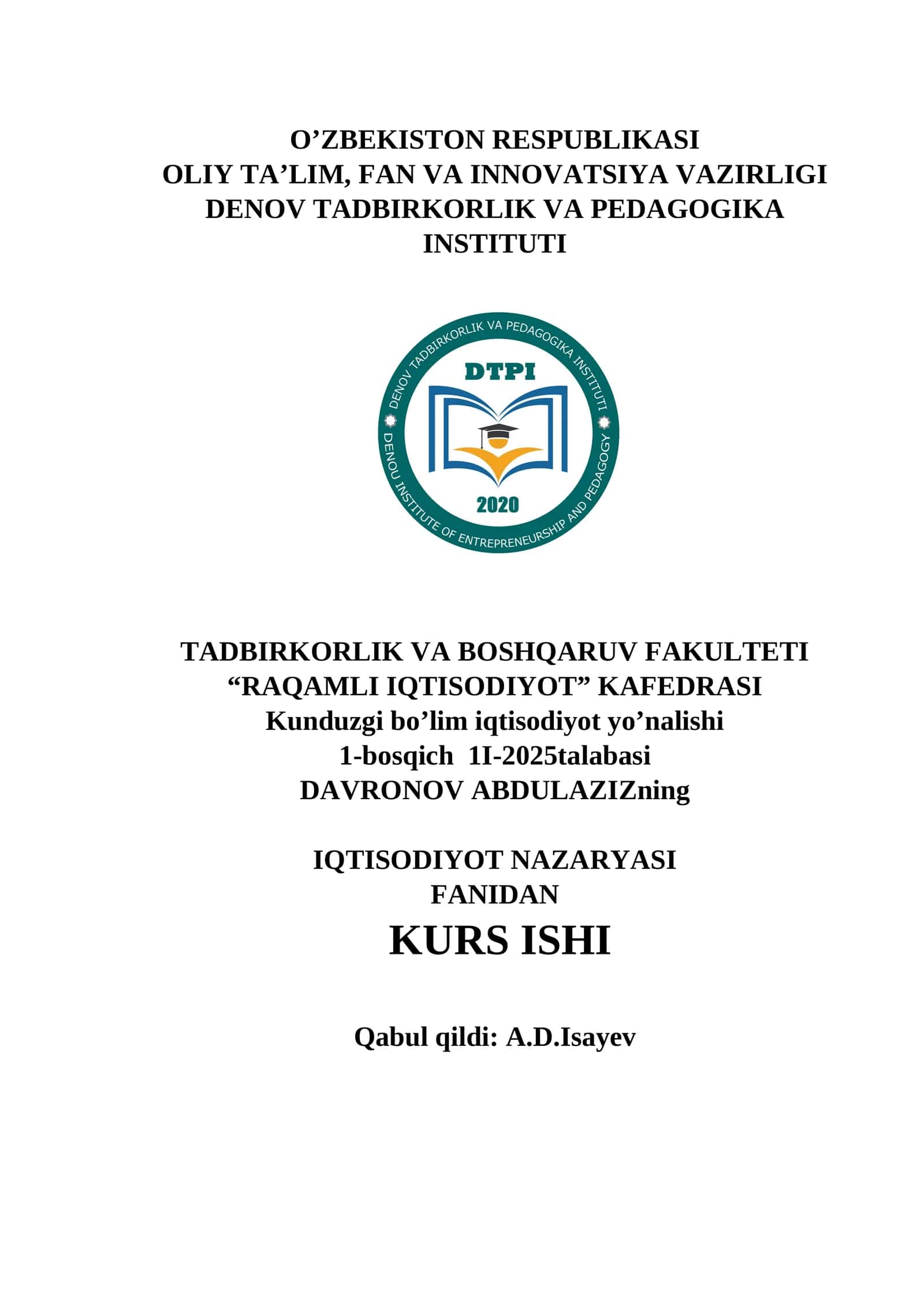 IQTISODIYOT NAZARYASI FANIDAN KURS ISHI 1