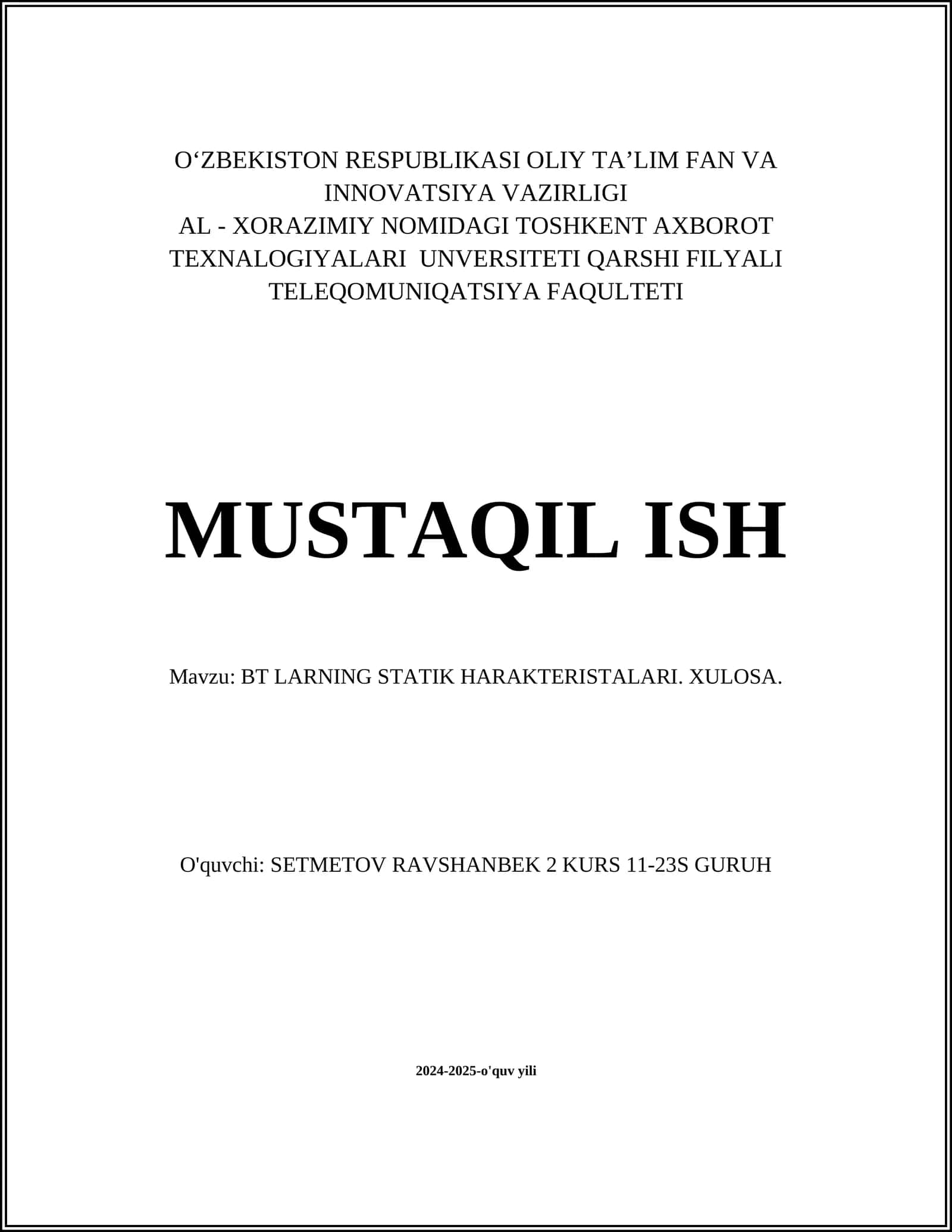 BT LARNING STATIK HARAKTERISTALARI. XULOSA 1