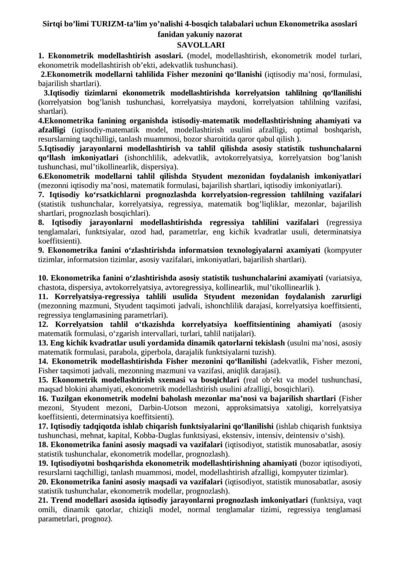 Ekonometrika asoslari fanidan yakuniy nazorat 1