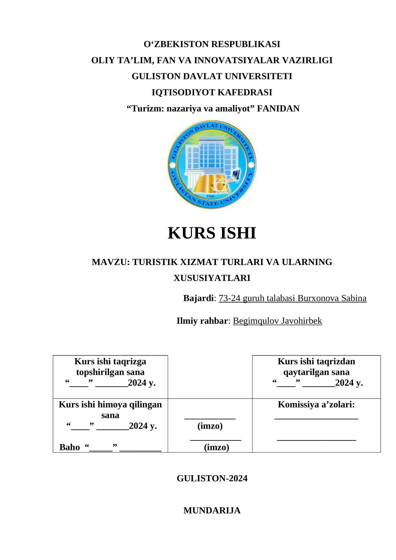 Turistik Xizmatlar Turlari va Ularning Xususiyatlari 1