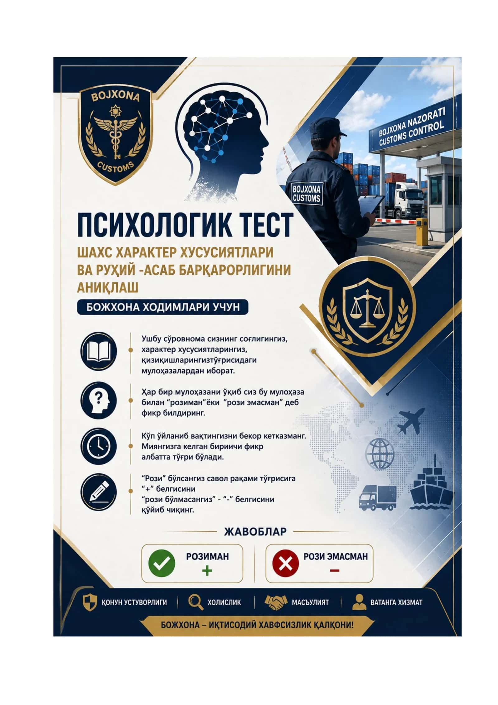 BOJXONAGA ISHGA KIRISH UCHUN PSIXOLOGIK TEST SAVOL 1