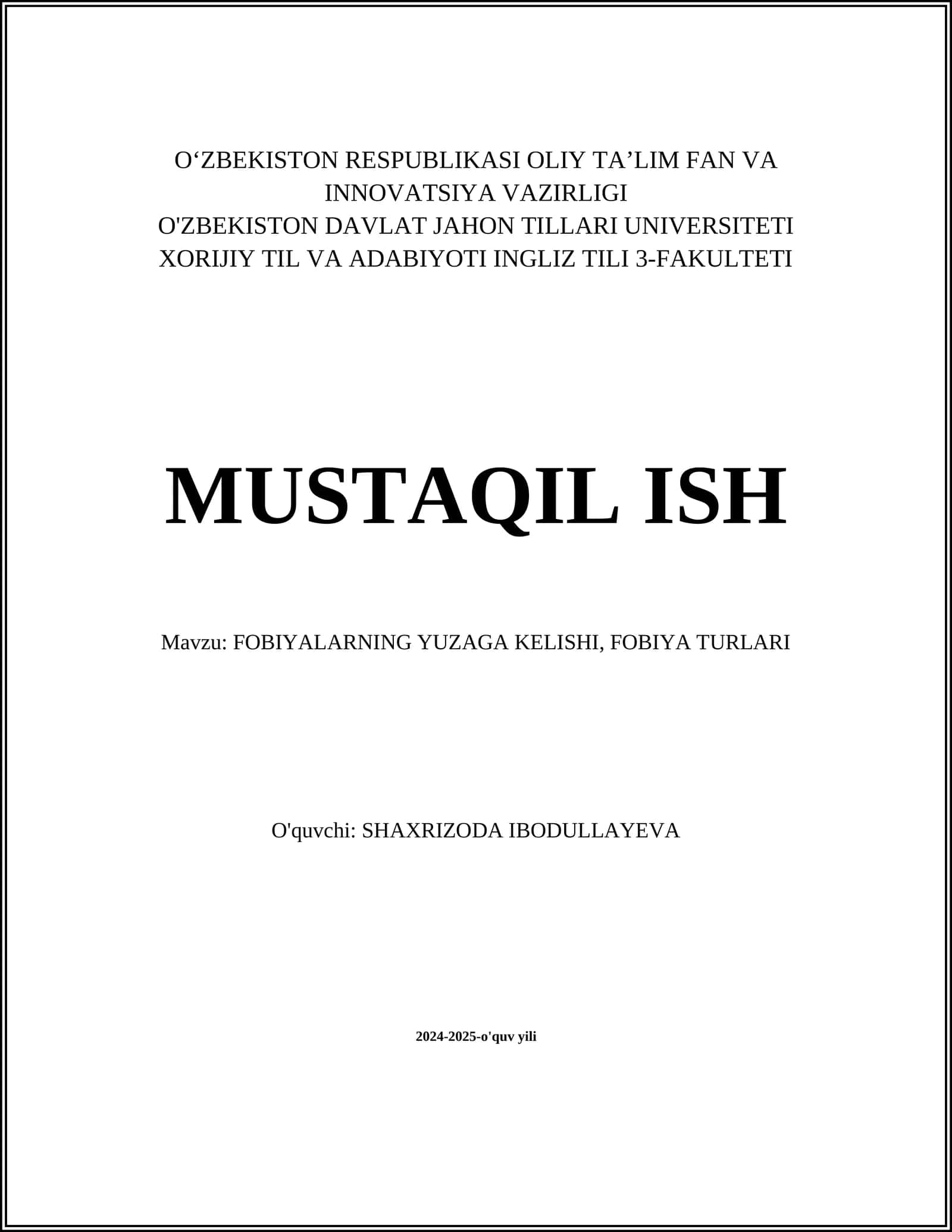 FOBIYALARNING YUZAGA KELISHI, FOBIYA TURLARI 1