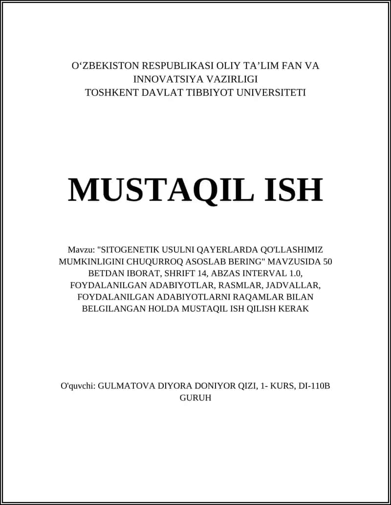 SITOGENETIK USULNI QAYERLARDA QO'LLASHIMIZ MUMKINLIGINI CHUQURROQ ASOSLAB BERING 1