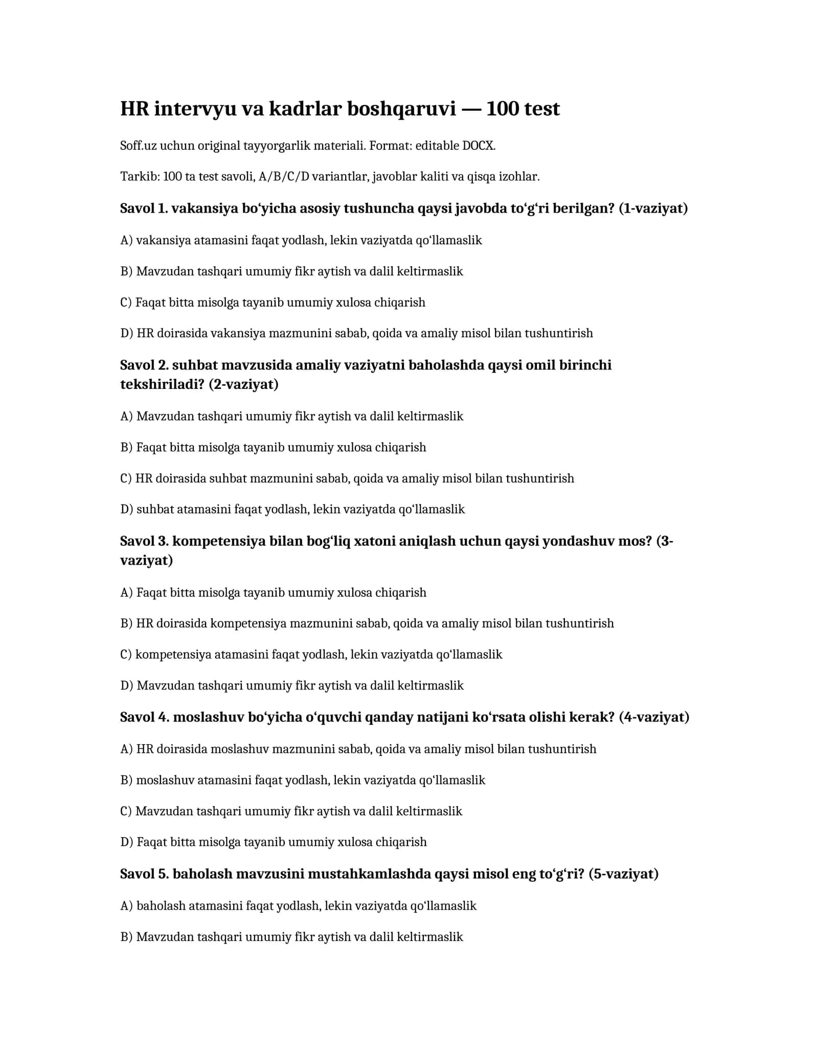 HR intervyu va kadrlar boshqaruvi — 100 test 1