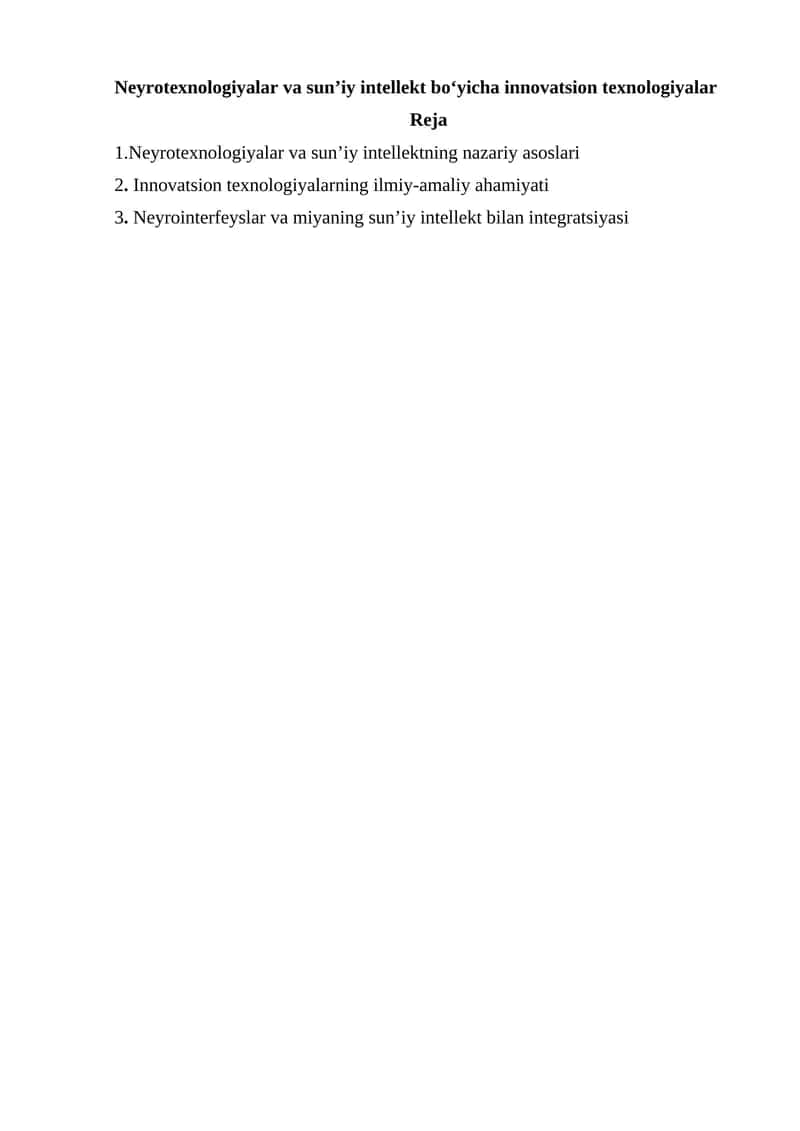 Neyrotexnologiyalar va sun’iy intellekt bo‘yicha innovatsion texnologiyalar 1