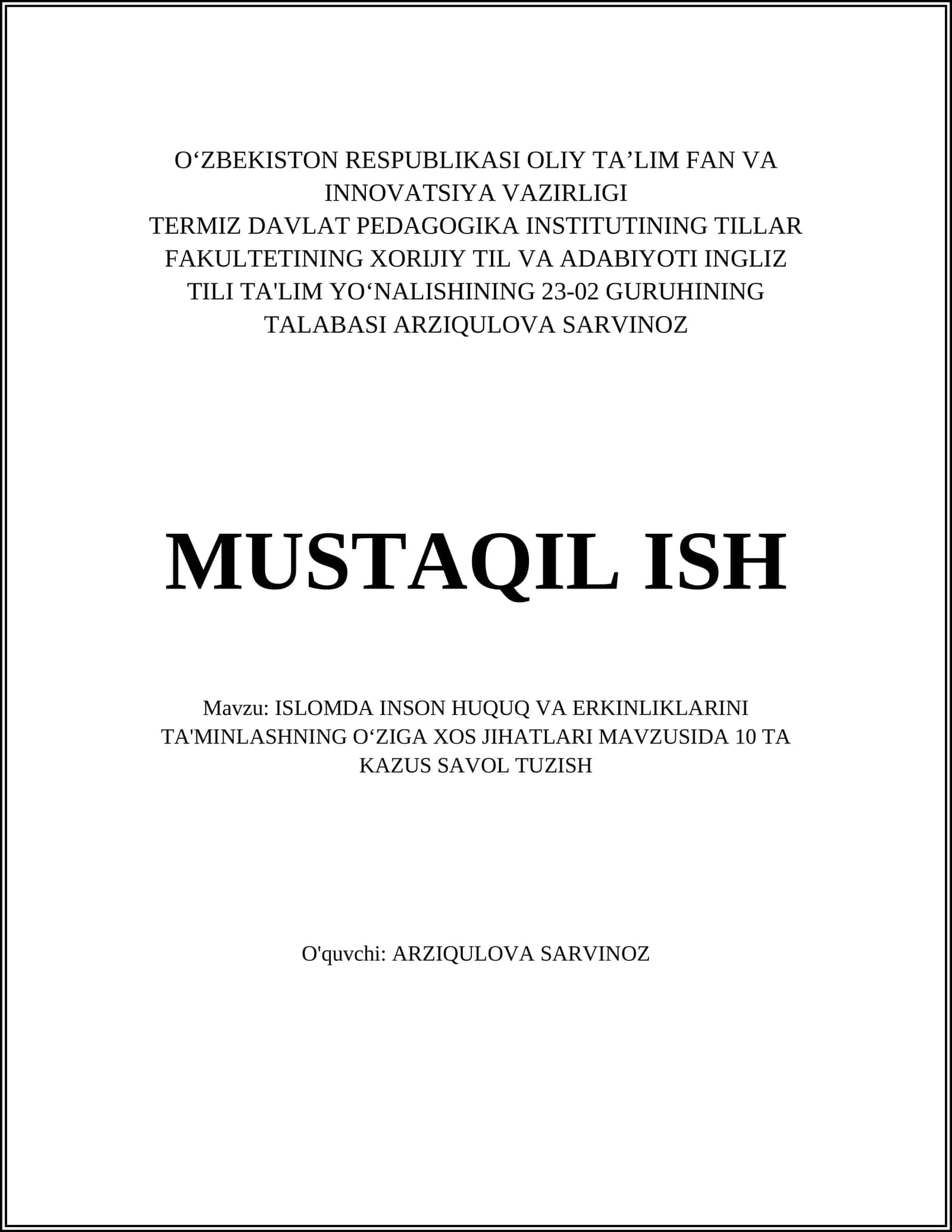ISLOMDA INSON HUQUQ VA ERKINLIKLARINI TA'MINLASH 1