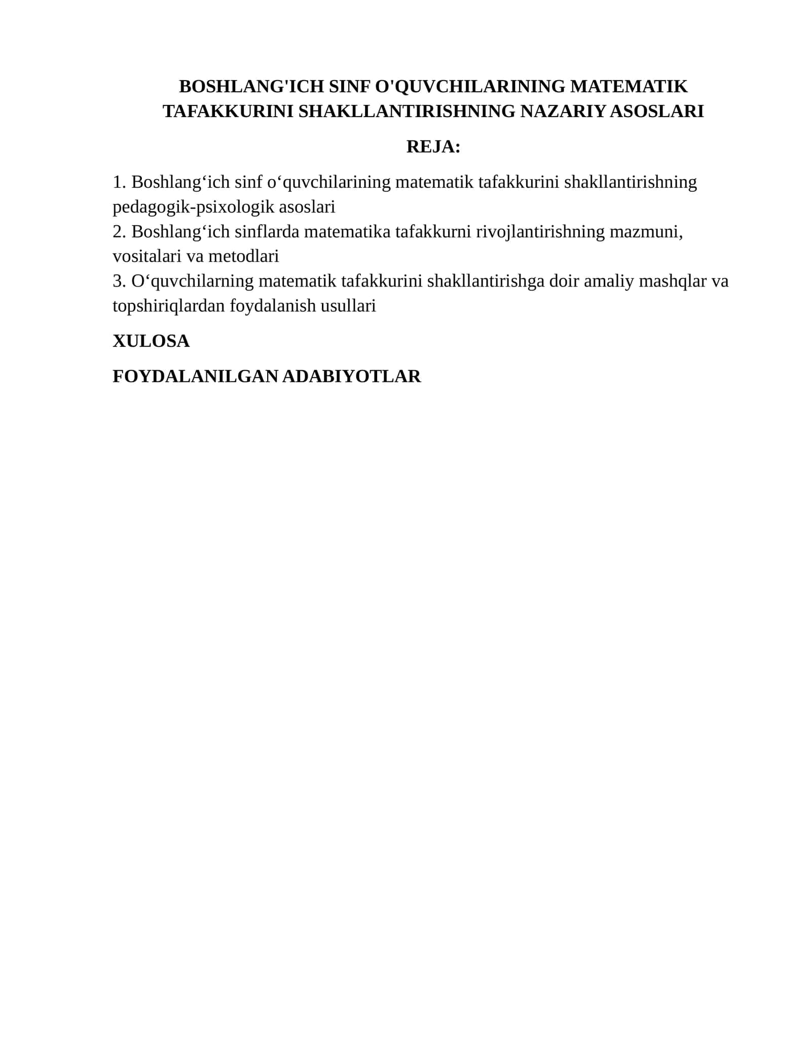 Boshlang'ich Sinf O'quvchilarining Matematik Tafakkurini Shakllantirishning Nazariy Asoslari 1