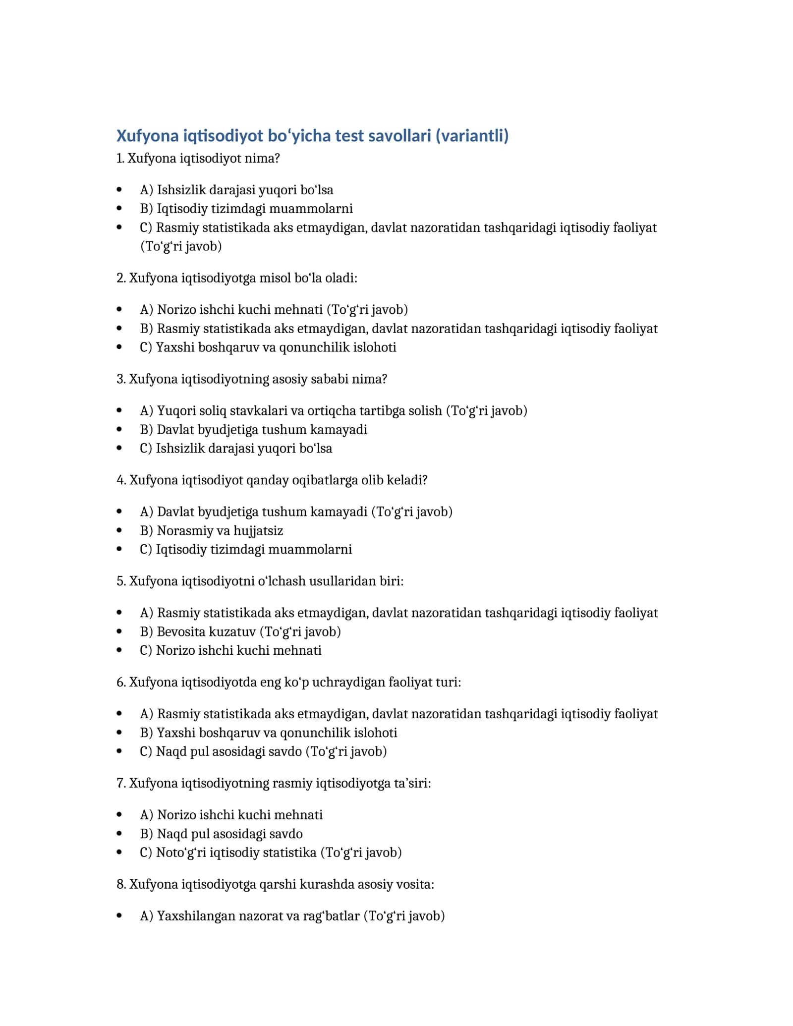 Xufyona iqtisodiyot bo‘yicha test savollari (variantli) 1