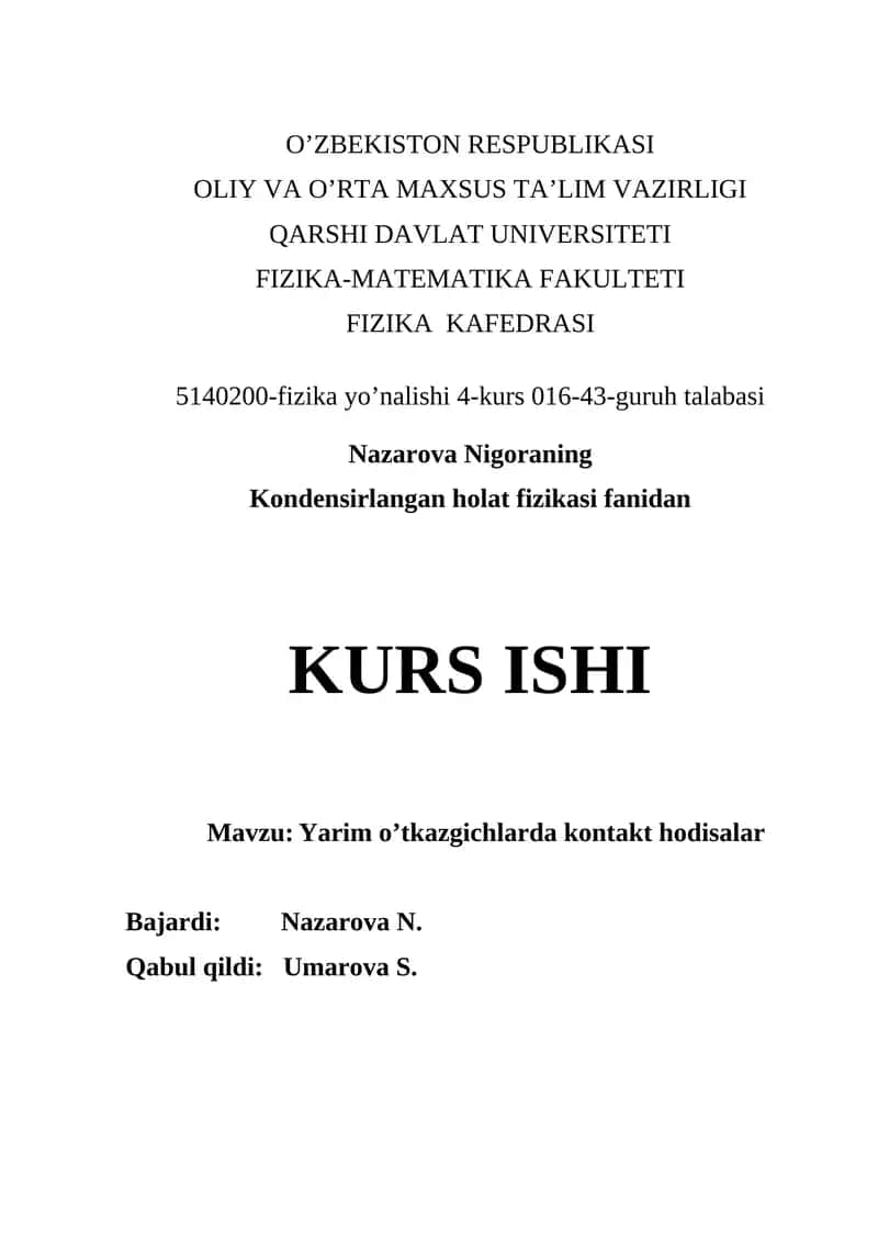 Yarim o’tkazgichlarda kontakt hodisalar 1