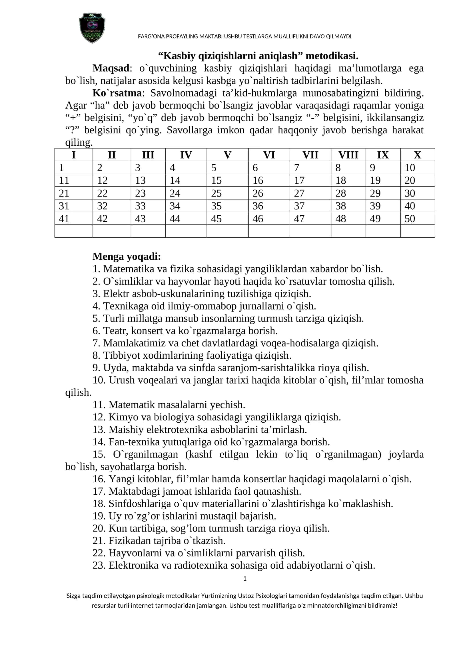 Kasbiy qiziqishlarni aniqlash metodikasi 1