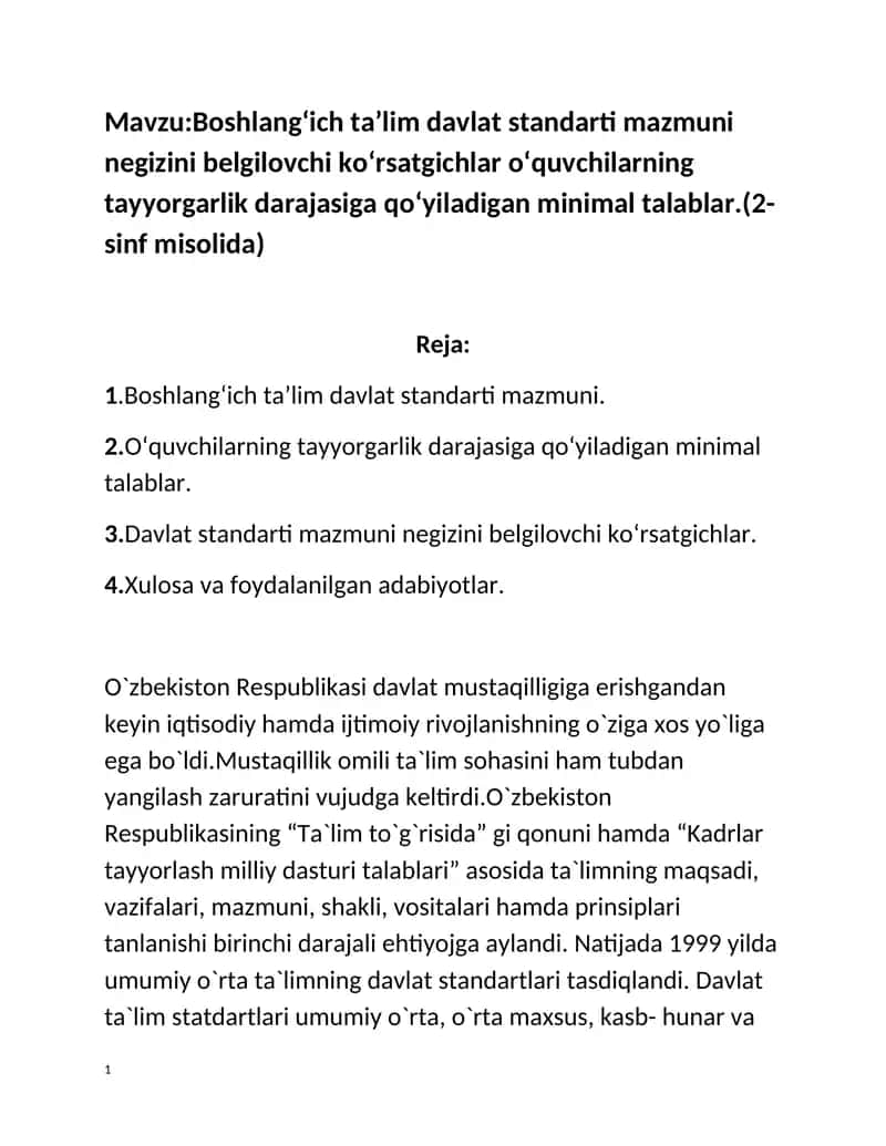 Boshlangʻich taʼlim davlat standarti mazmuni 1