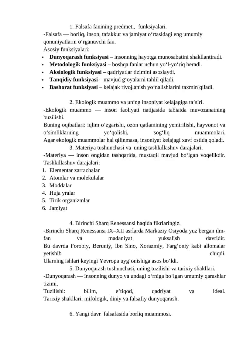 Falsafa fanining predmeti, funksiyalari 1