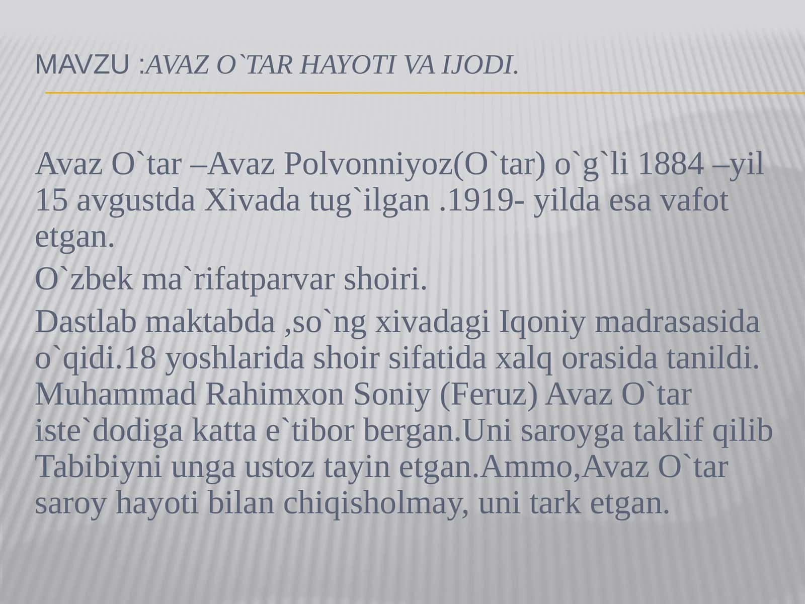 Avaz O‘tar hayoti va ijodi. 1