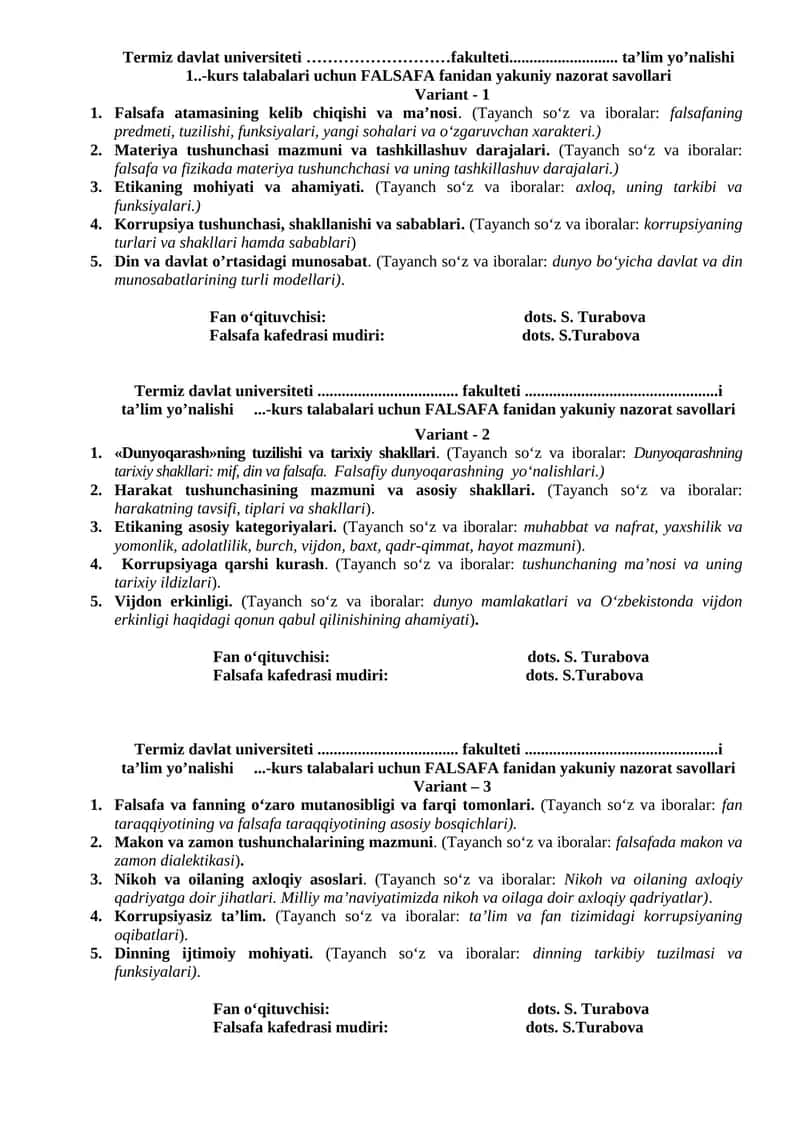 FALSAFA fanidan yakuniy nazorat savollari 1