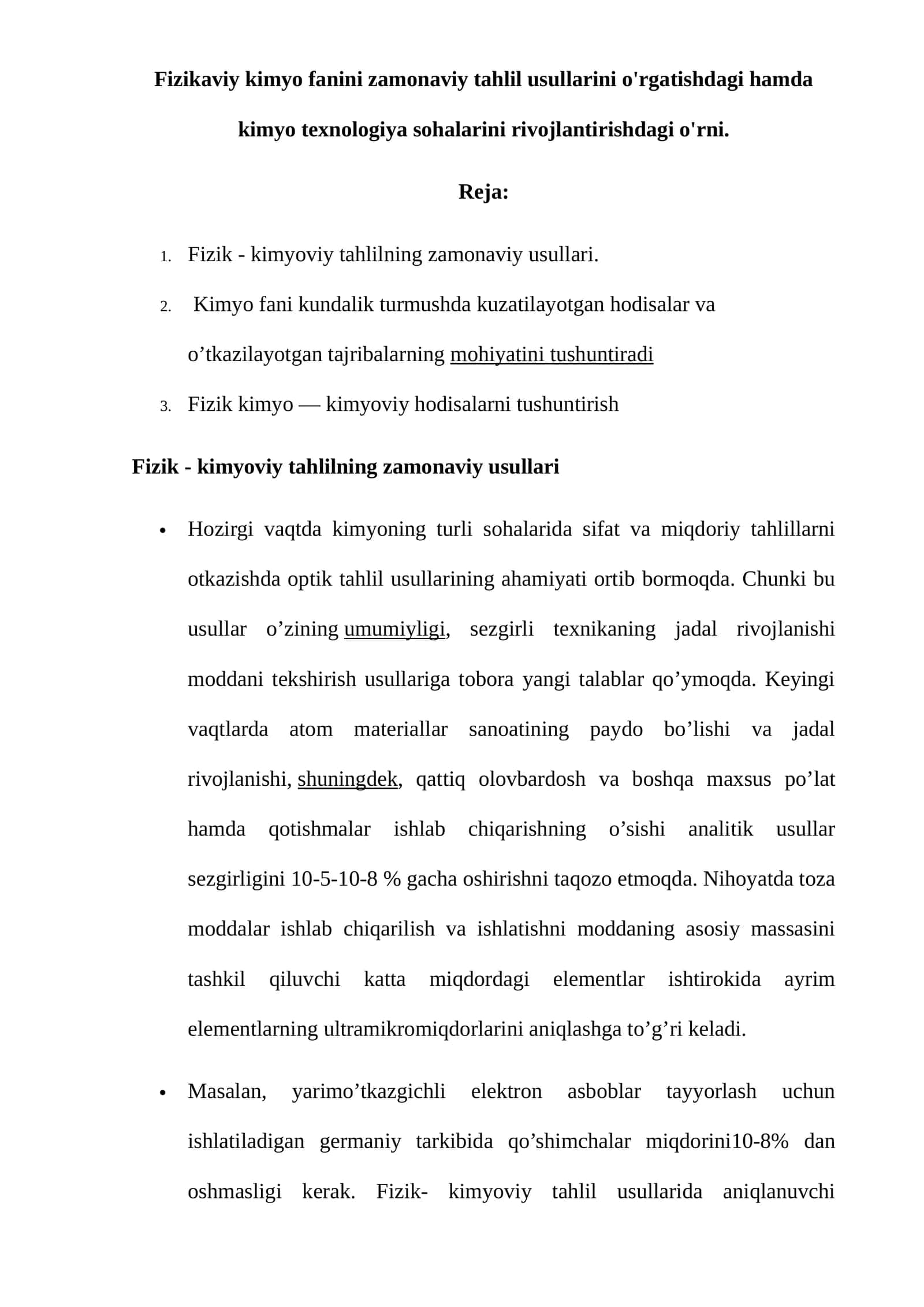 Fizikaviy kimyo fanini zamonaviy tahlil usullarini o'rgatish 1