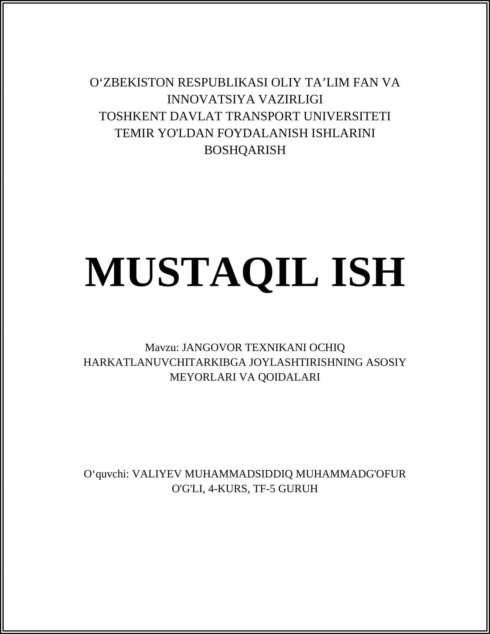 JANGOVOR TEXNIKANI OCHIQ HARKATLANUVCHITARKIBGA JOYLASHTIRISHNING ASOSIY MEYORLARI VA QOIDALARI 1