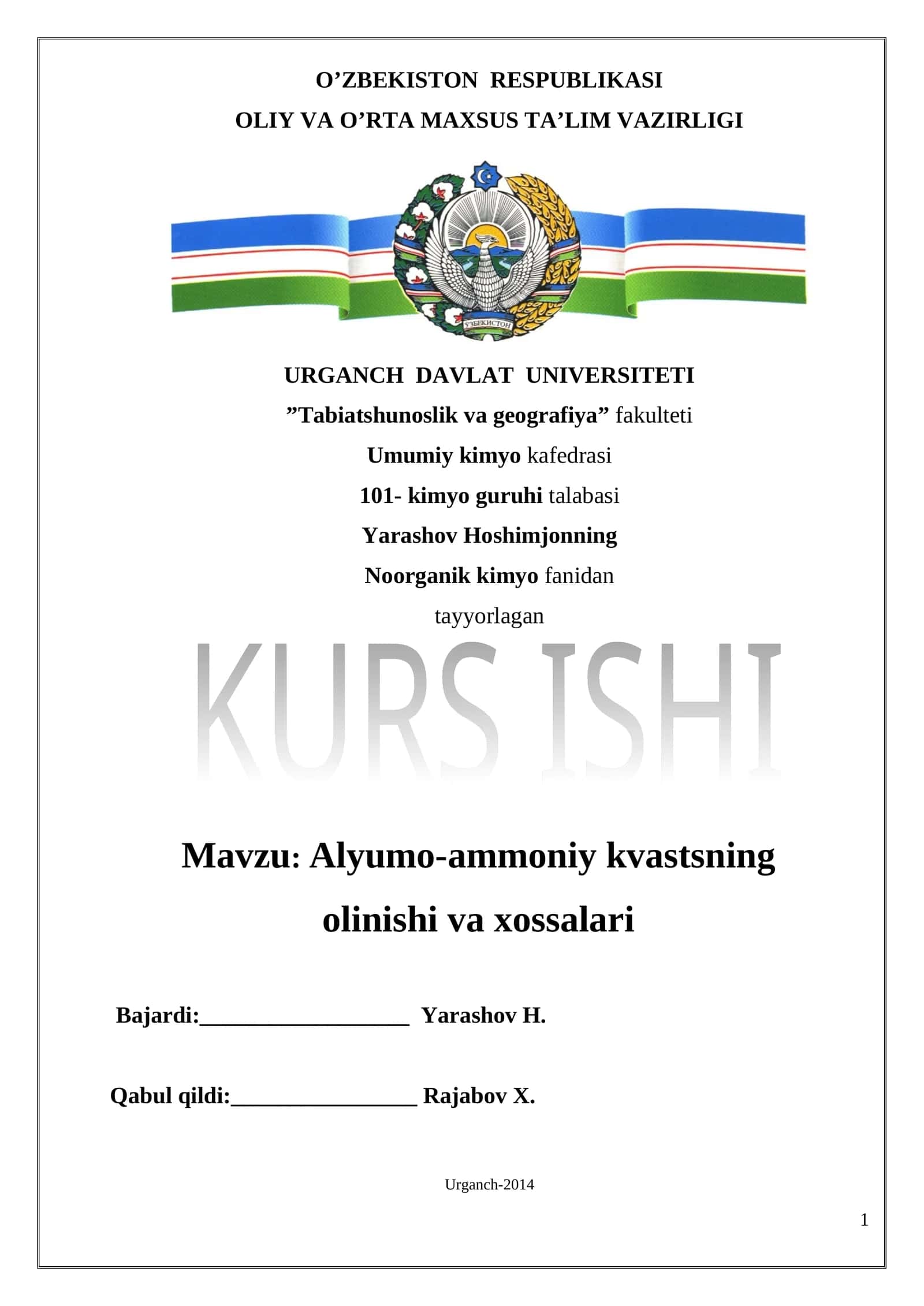 Alyumo-ammoniy kvastsning olinishi va xossalari 1