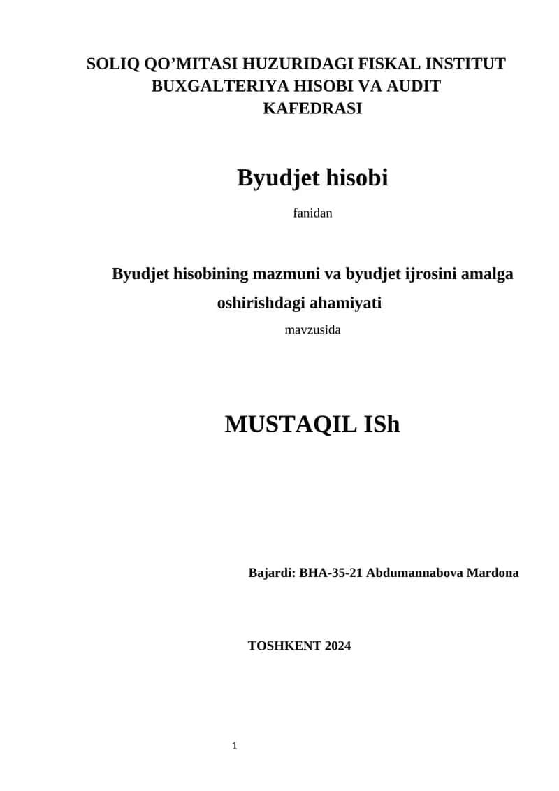 Byudjet hisobi va byudjet ijrosini amalga oshirishdagi ahamiyati 1