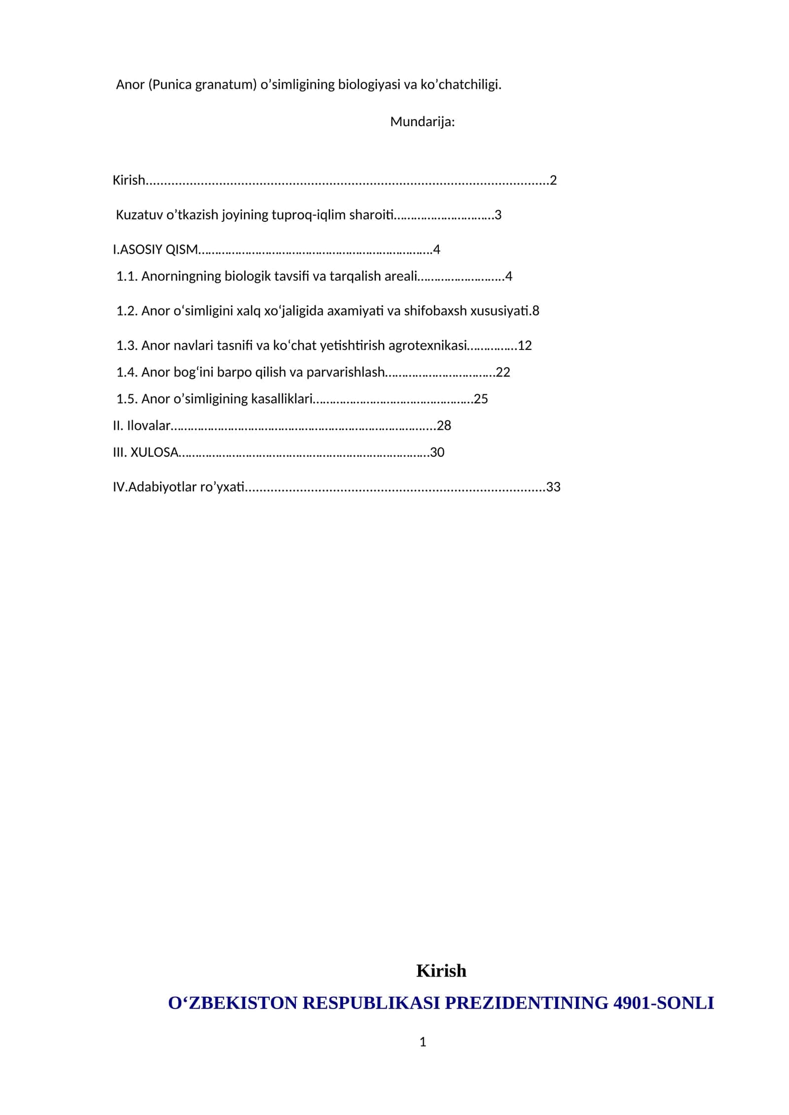 Anor (Punica granatum) o’simligining biologiyasi va ko’chatchiligi 1