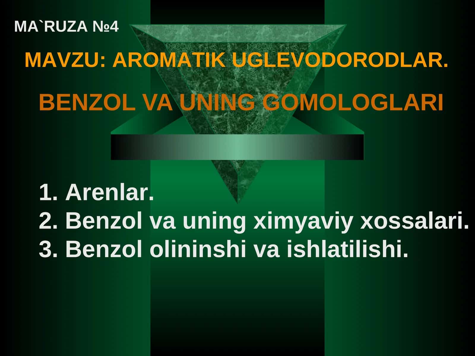 MAVZU: AROMATIK UGLEVODORODLAR BENZOL VA UNING GOMOLOGLARI 1