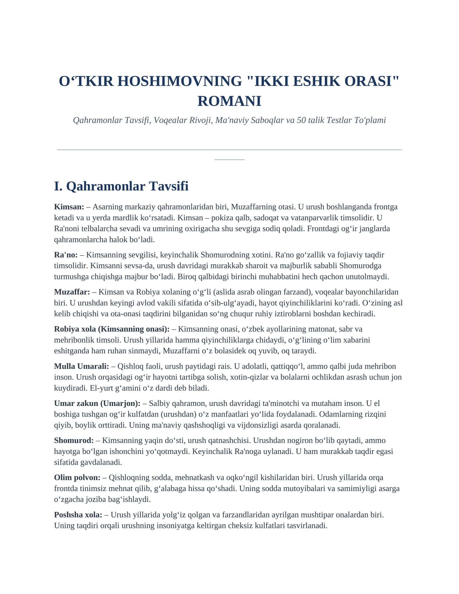 O'TKIR HOSHIMOVNING "IKKI ESHIK ORASI" ROMANI 1