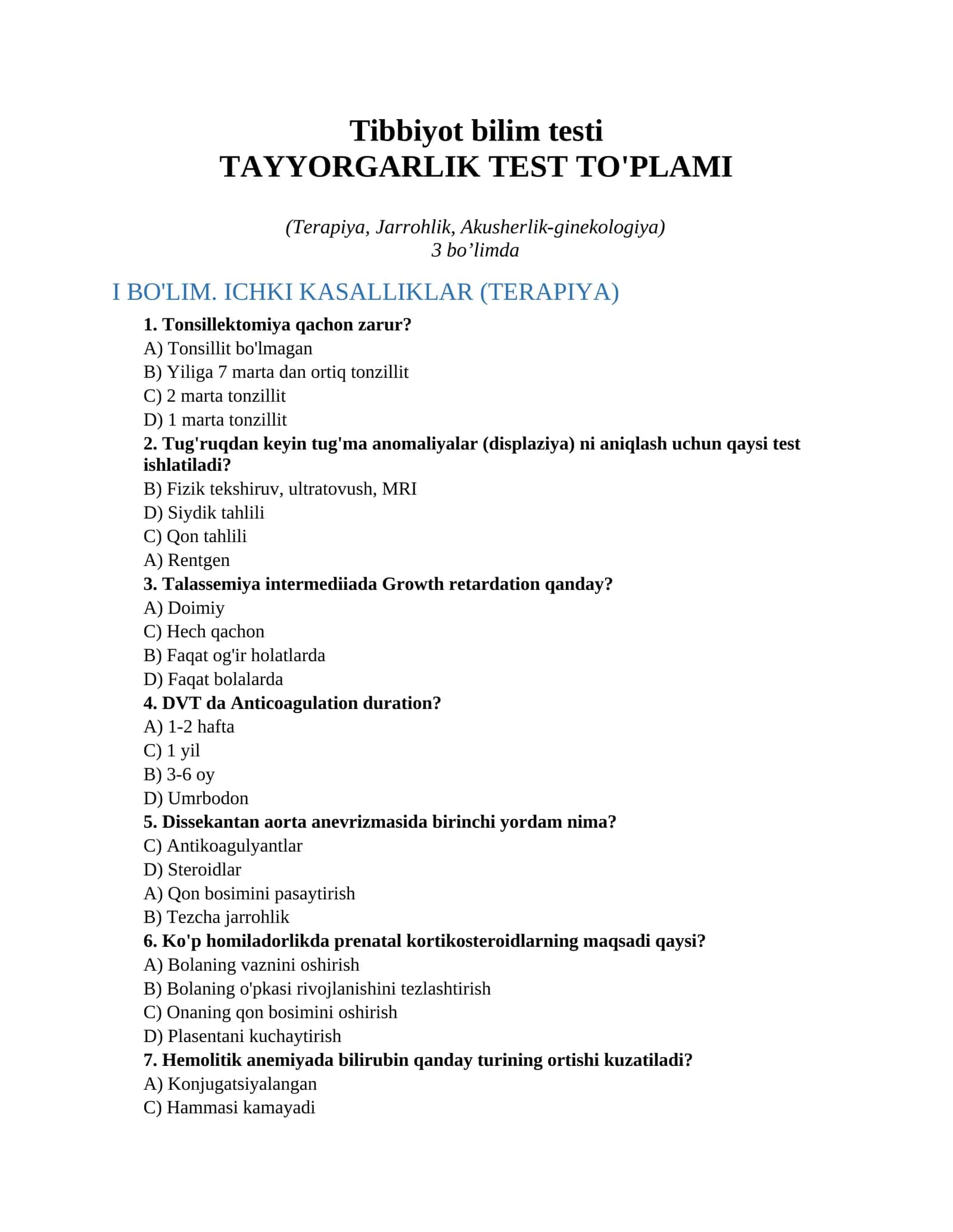 Tibbiyot bilim testi 1