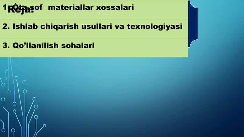 Òta sof materiallar xossalari, olish metodikasi va texnologiyasi, qòllanilish soxasi 1