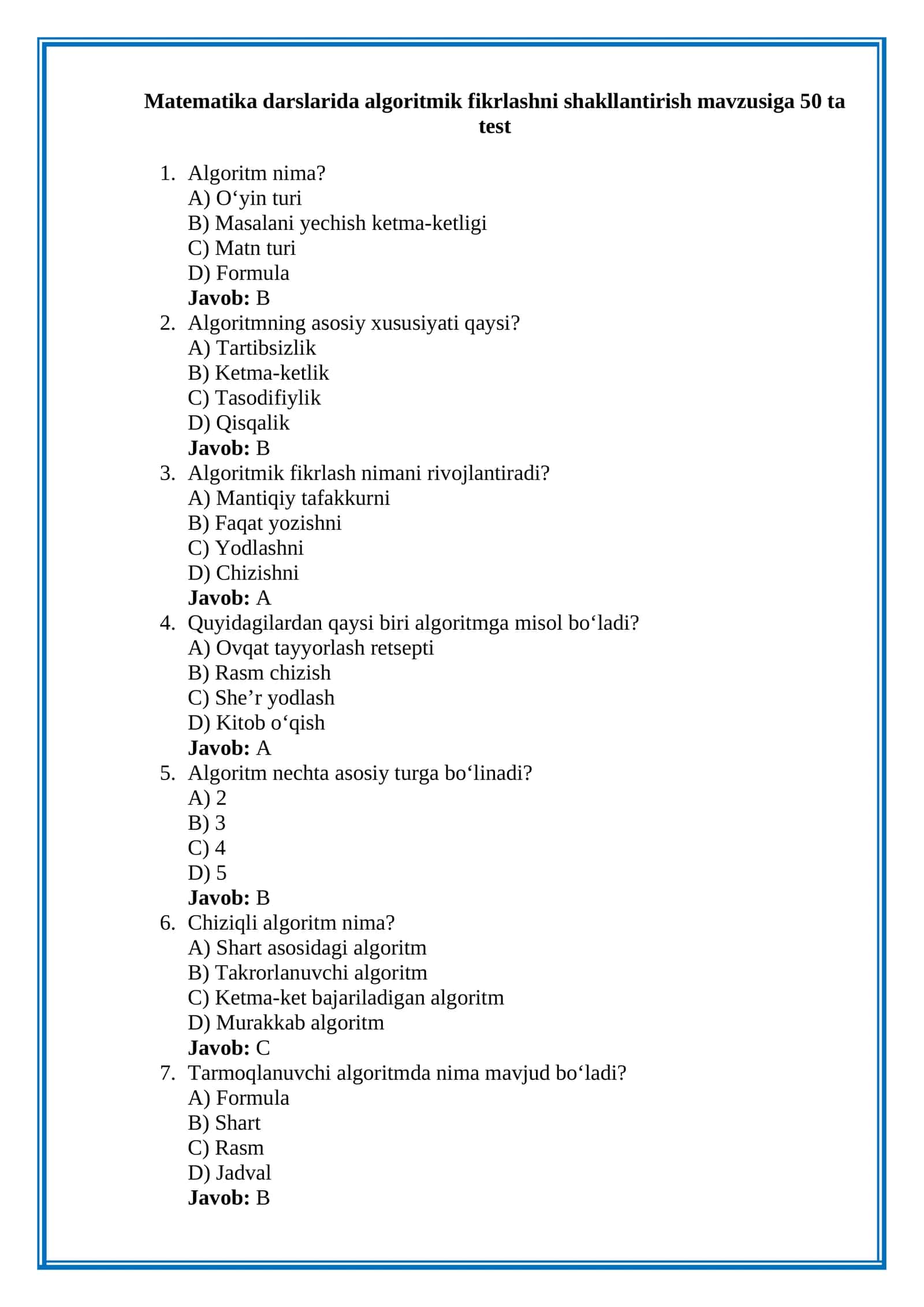 Matematika darslarida algoritmik fikrlashni shakllantirish mavzusiga 50 ta test 1