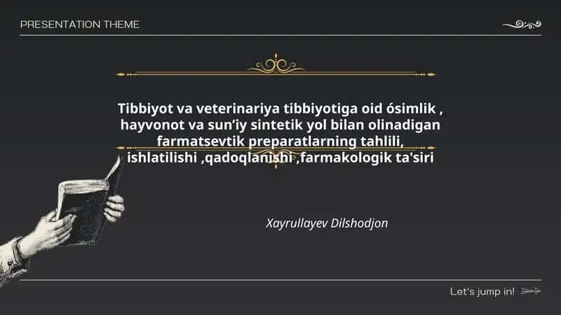 Tibbiyot va veterinariya tibbiyotiga oid ósimlik, hayvonot va sun’iy sintetik yol bilan olinadigan farmatsevtik preparatlarning tahlili, ishlatilishi,qadoqlanishi,farmakologik ta'siri 1