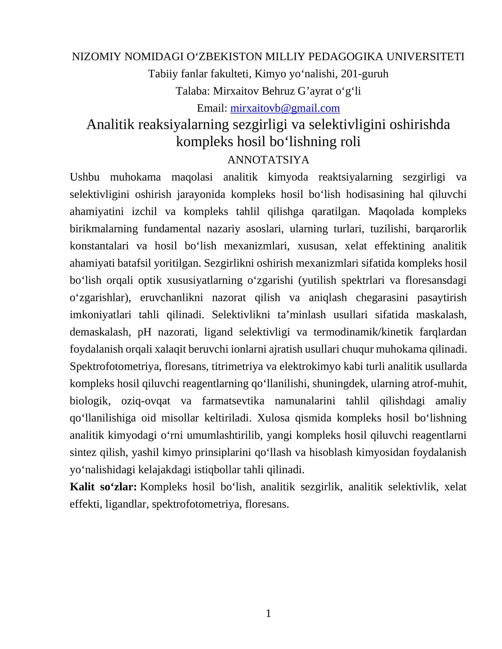 ANALITIK KIMYODA REAKTSIYALAR SEZGIRLIGI VA SELEKTIVLIGI 1