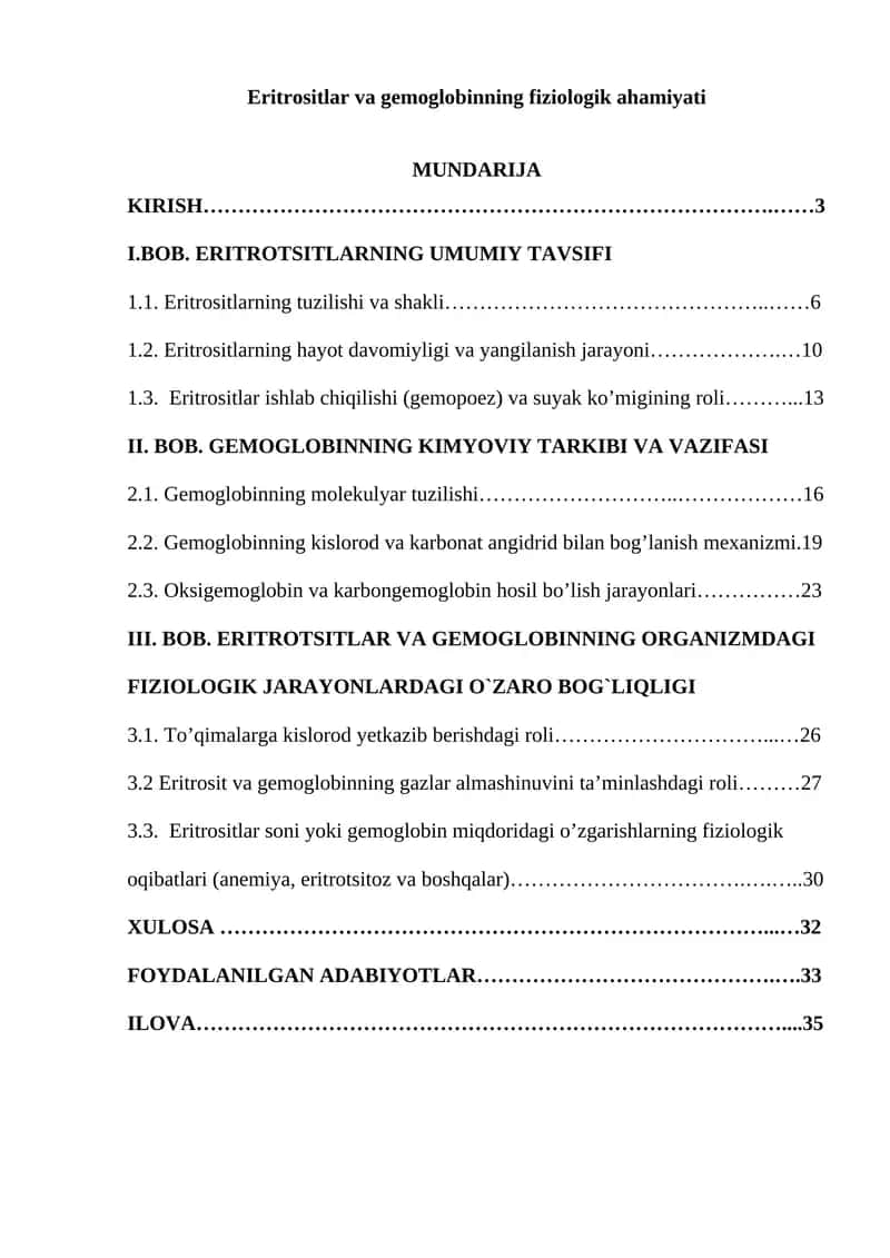 Eritrositlar va gemoglobinning fiziologik ahamiyati 1
