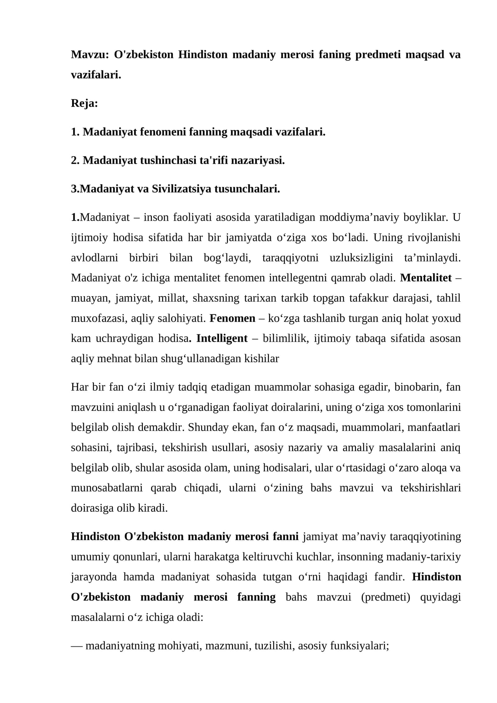 O'zbekiston Hindiston madaniy merosi faning predmeti maqsad va vazifalari 1