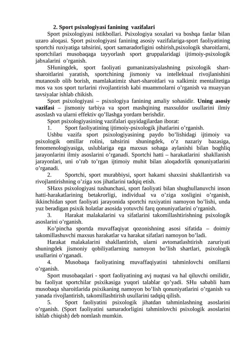 Sport psixologiyasi fanining vazifalari 1