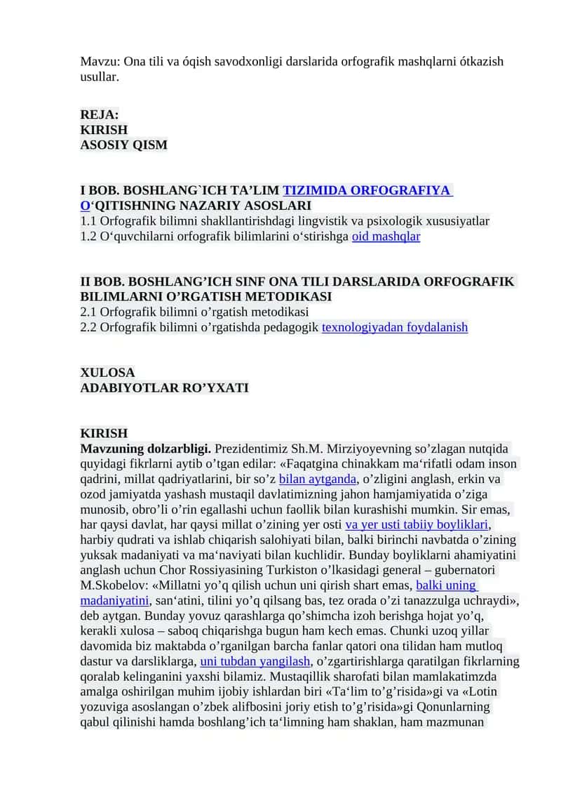 Ona tili va óqish savodxonligi darslarida orfografik mashqlarni ótkazish usullar 1