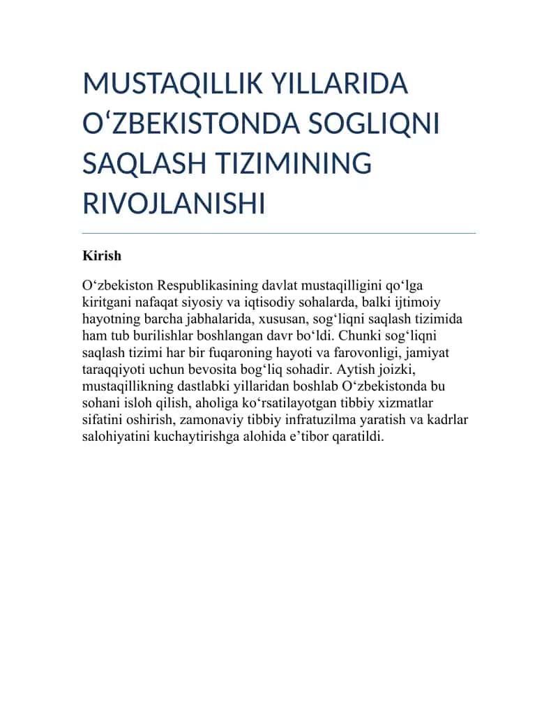 MUSTAQILLIK YILLARIDA O‘ZBEKISTONDA SOGLIQNI SAQLASH TIZIMINING RIVOJLANISHI 1
