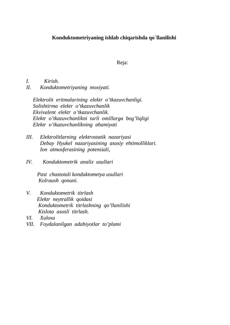 Konduktometriyaning ishlab chiqarishda qo`llanilishi 1