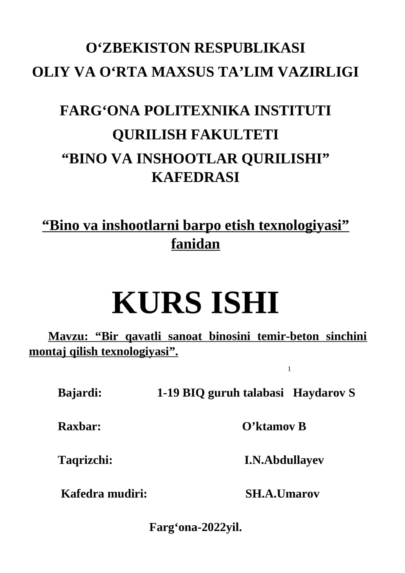Bino va inshootlarni barpo etish texnologiyasi 1