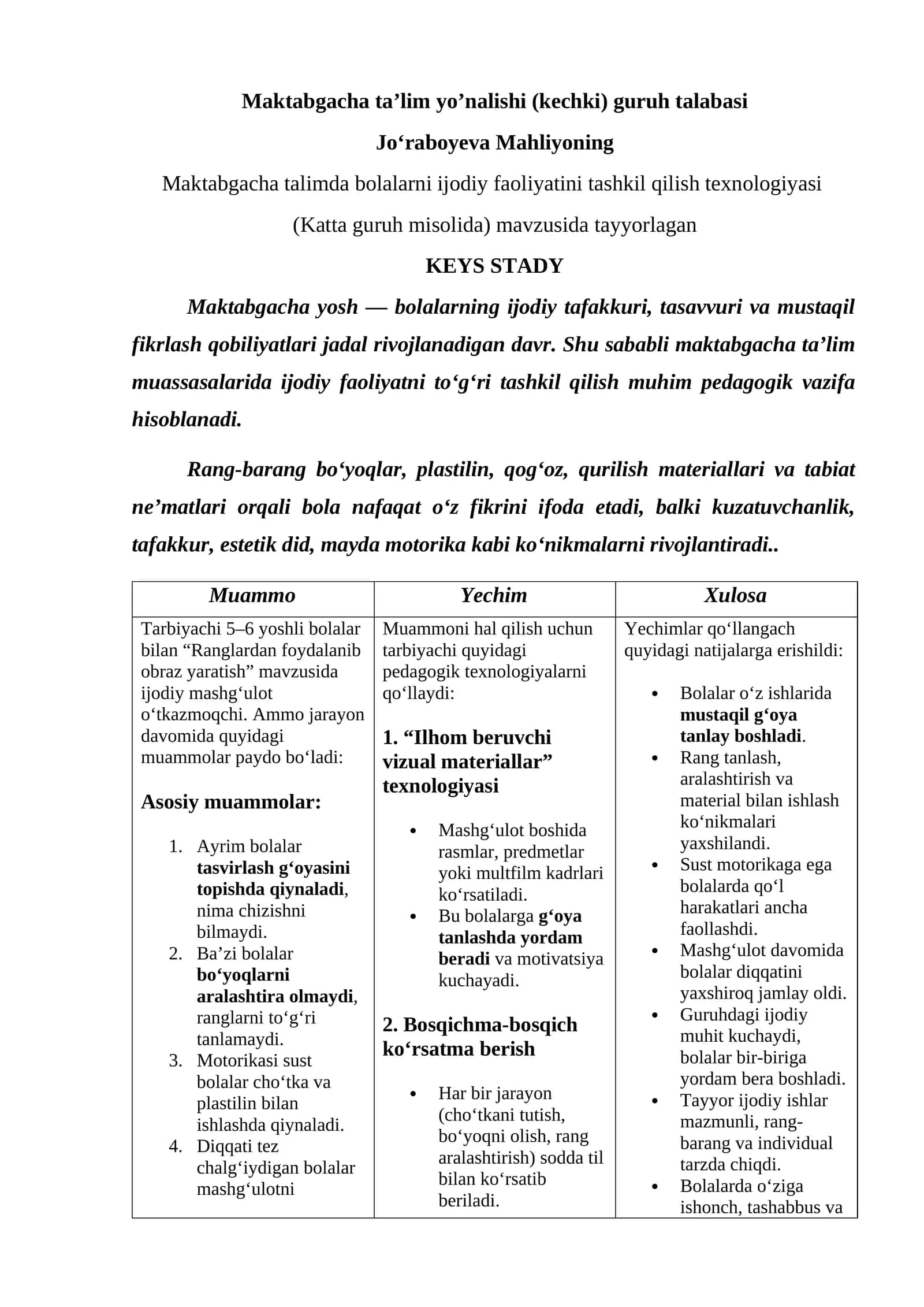 Maktabgacha ta’lim yo’nalishi (kechki) guruh talabasi 1