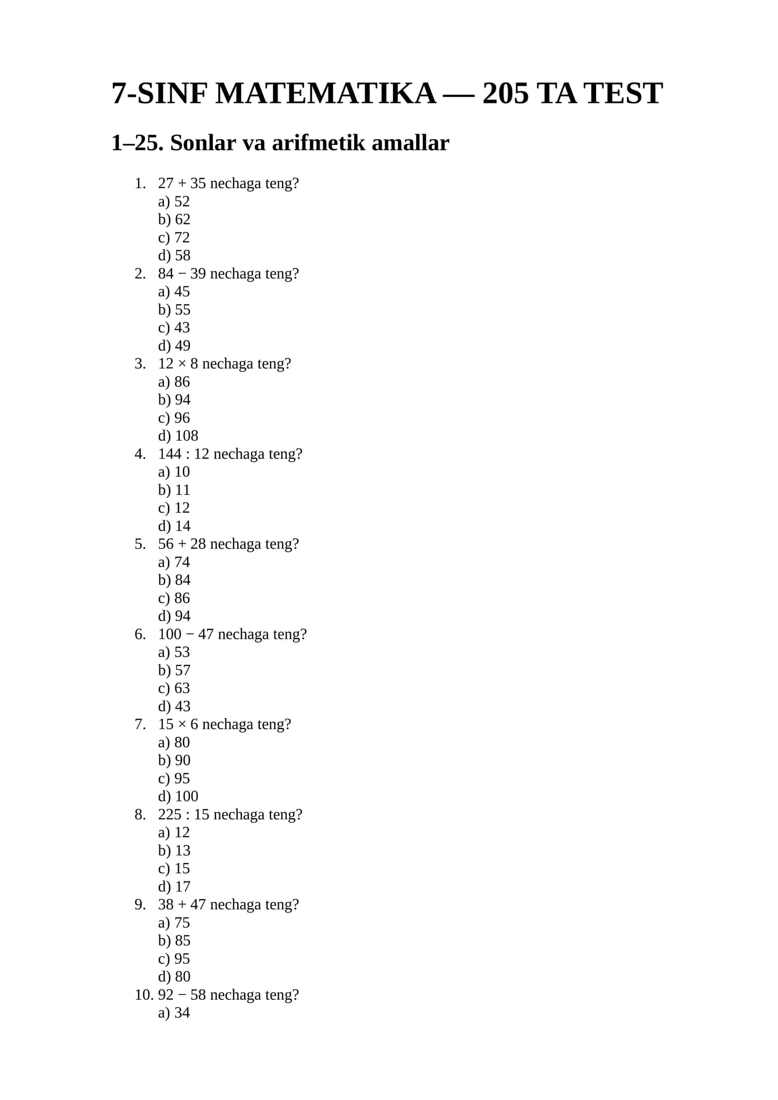 7-SINF MATEMATIKA — 200+ TA TEST 1