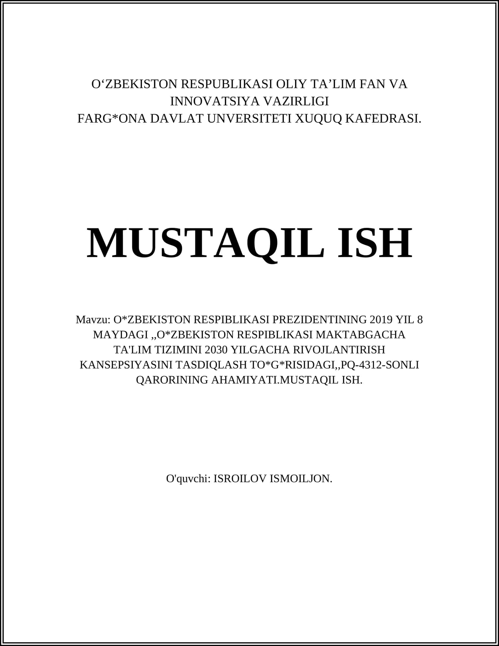 O'ZBEKISTON RESPIBLIKASI MAKTABGACHA TA'LIM TIZIMINI 2030 YILGACHA RIVOJLANTIRISH KANSEPSIYASI 1