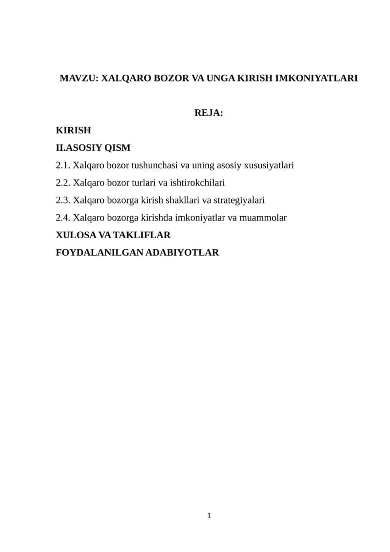 Xalqaro Bozor va unga Kirish Imkoniyatlari 1